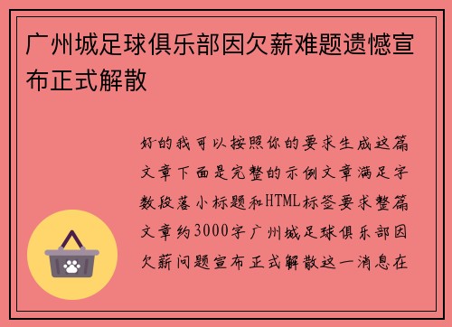 广州城足球俱乐部因欠薪难题遗憾宣布正式解散