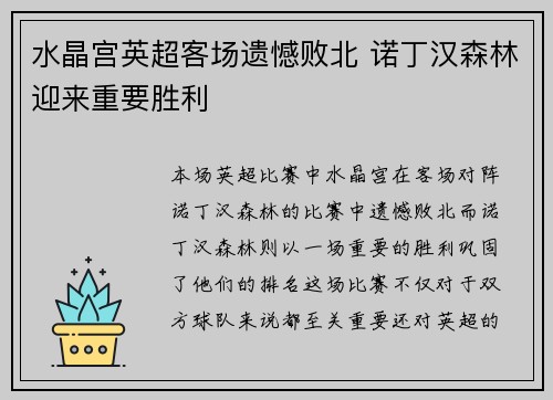 水晶宫英超客场遗憾败北 诺丁汉森林迎来重要胜利