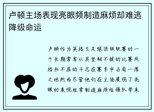 卢顿主场表现亮眼频制造麻烦却难逃降级命运